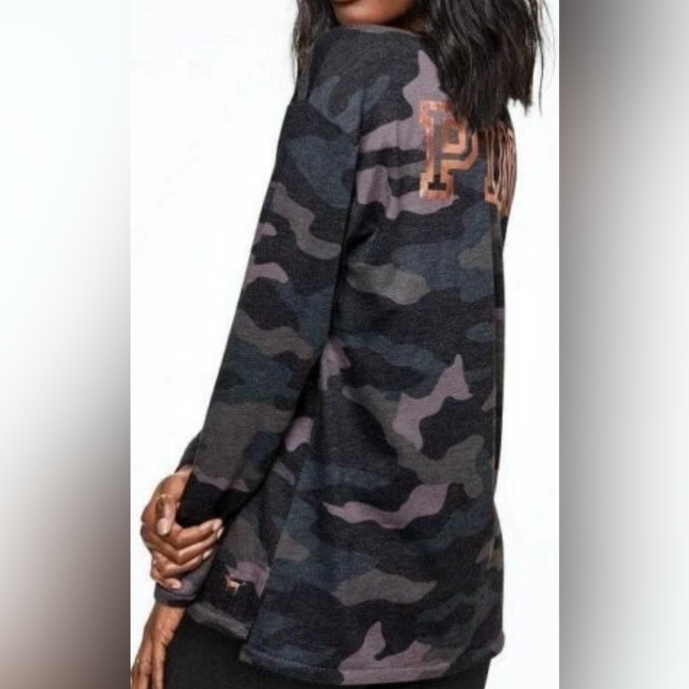 Victoria's Secret Pink Legging Long Sleeve Tee Shirt Gray Camo Rose Gold Logo S